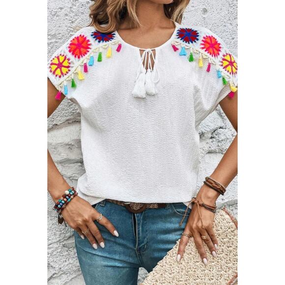 Unbranded White Multicolor Crochet Tassel Tie Short Sleeve Top Womens Medium - Picture 1 of 6